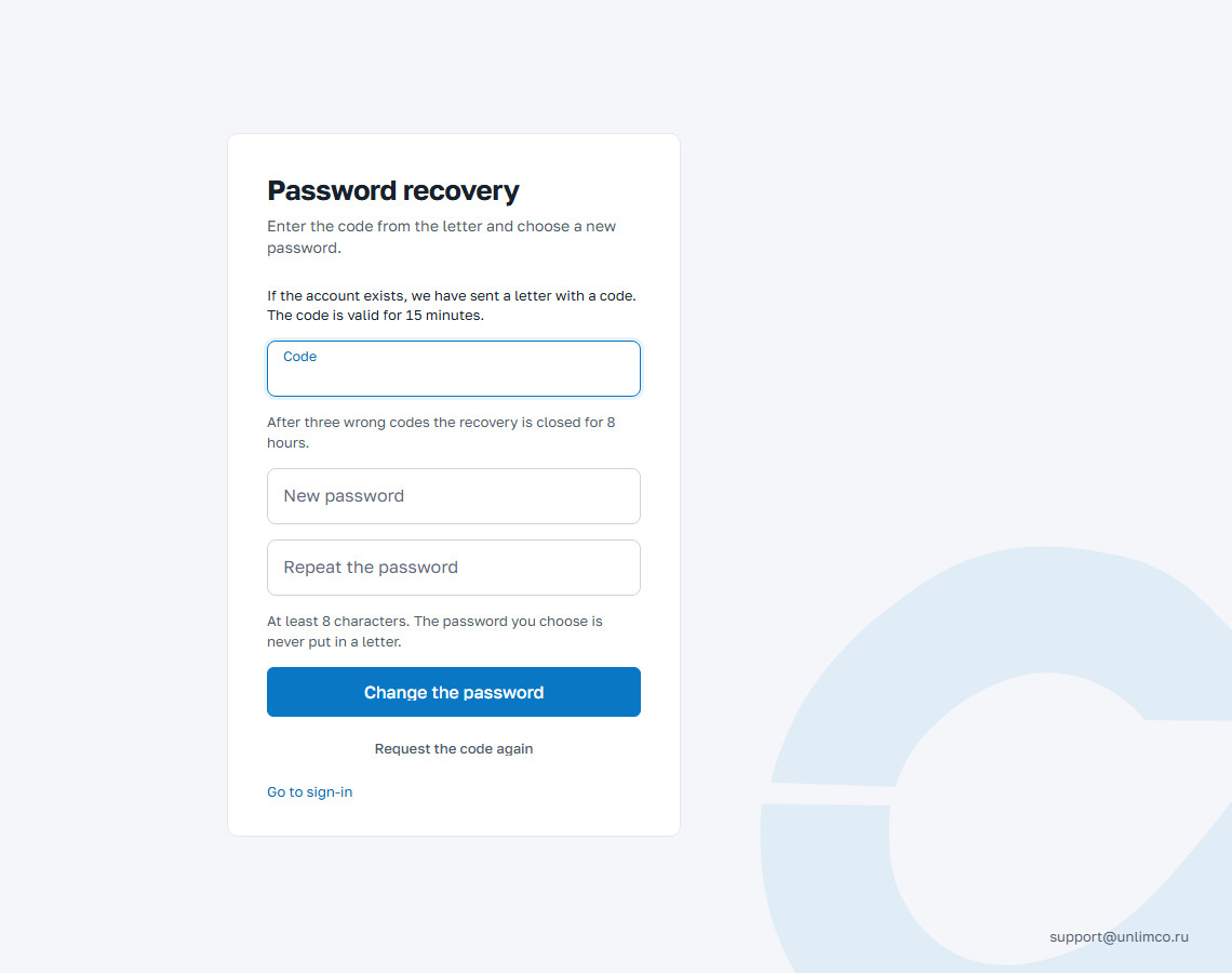 Code from the email and new password