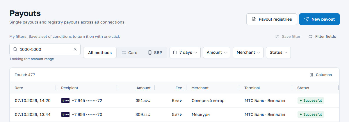 Payouts list with an amount range